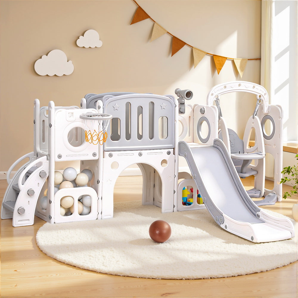 Keezi Kids Slide Swing Set Basketball Hoop Ring Football Outdoor Toys 132cm grey