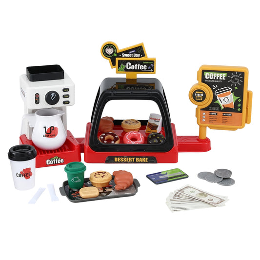Keezi Kids Pretend Role Play Toy Coffee Shop with Coffee Maker Machine Play Money Food Tea Party Set