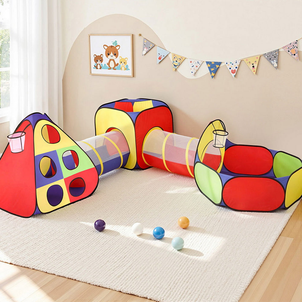 Keezi Kids Play Tent Pop Up Teepee Playhouse Ball Pit Crawl Tunnel Basketball Hoop