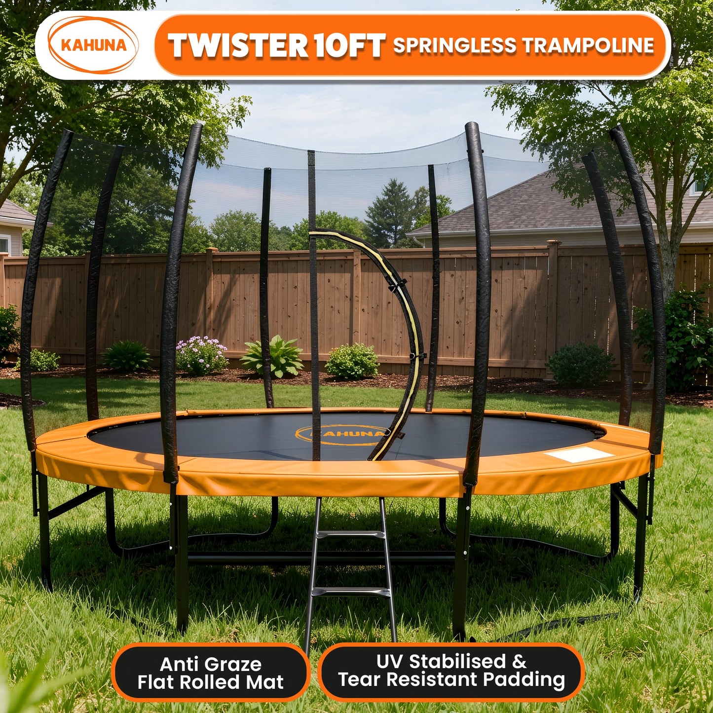 Kahuna 10ft Twister Springless Trampoline Safety Net Pad Mat Outdoor Orange